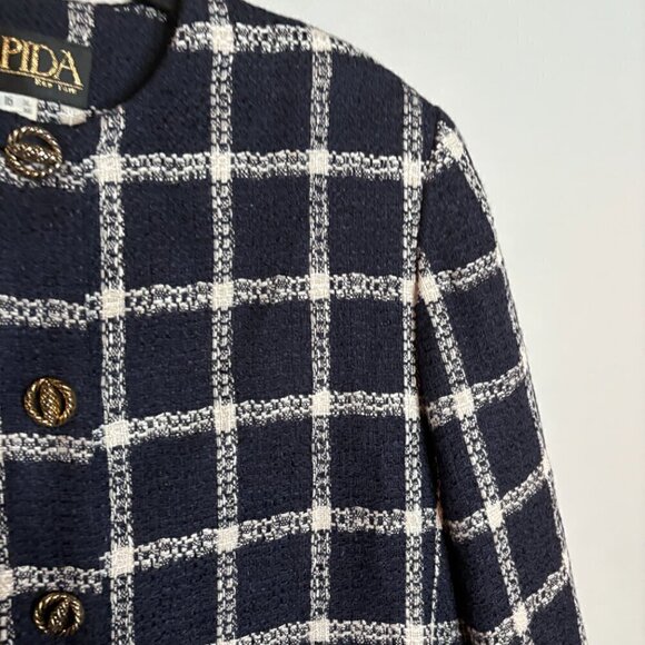 Vintage ELPIDA navy blue and white window pane grid wool blend blazer jacket - Picture 2 of 6